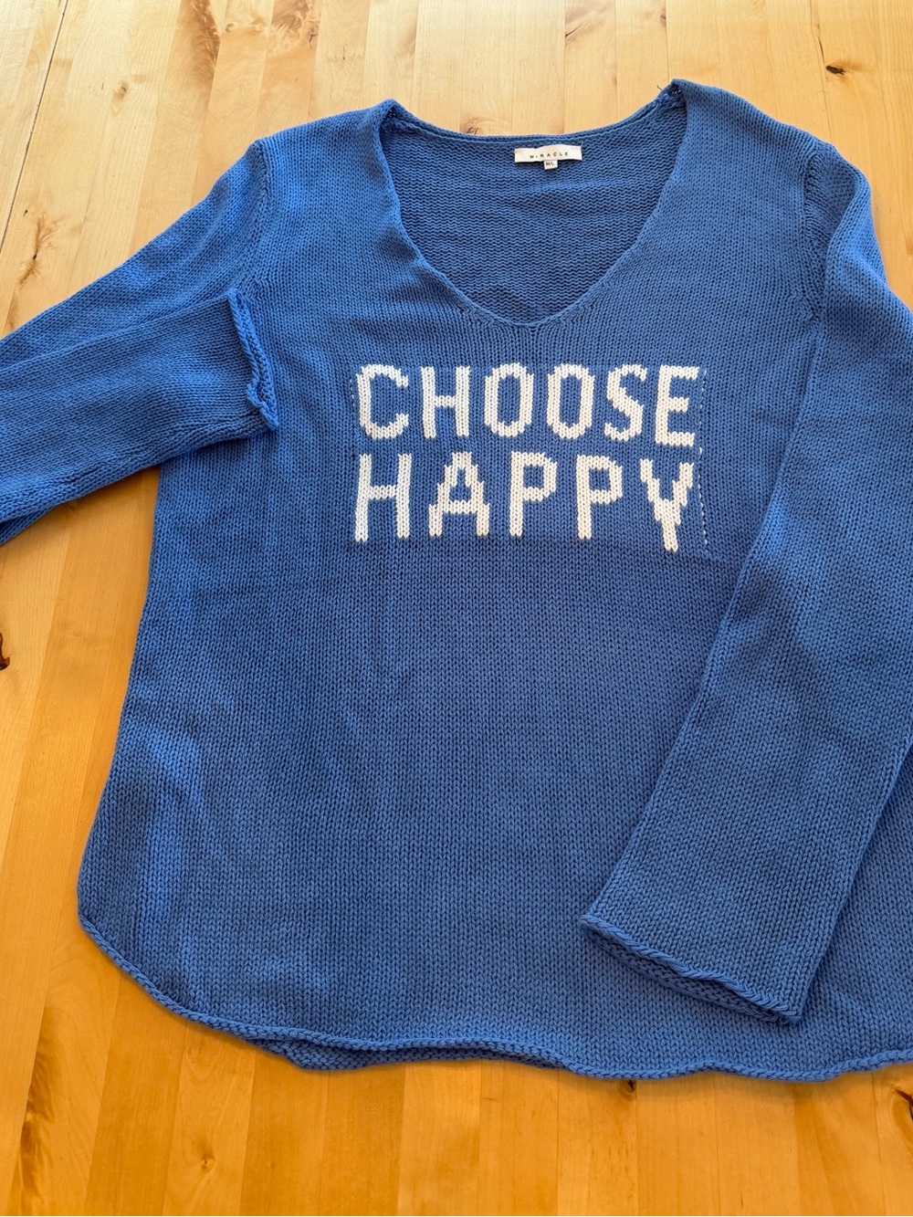 Miracle Blue V-Neck Sweater with "CHOOSE HAPPY" Knit